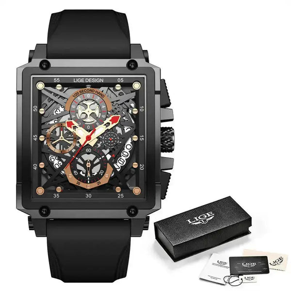 Lige new men's watch square multifunction chronograph 30m waterproof Nexellus