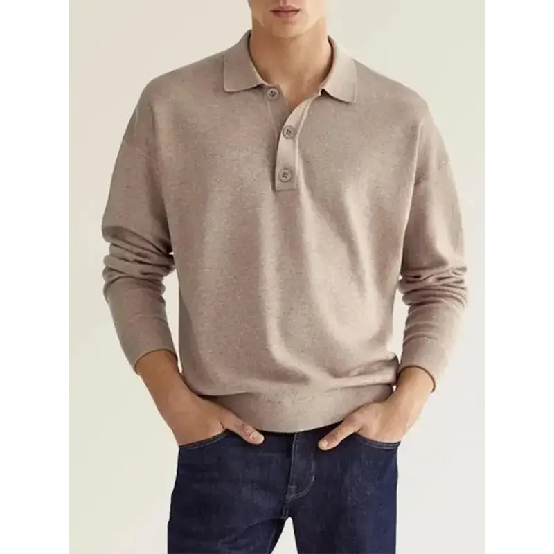 Long sleeve v neck button men's casual top polo shirt Nexellus