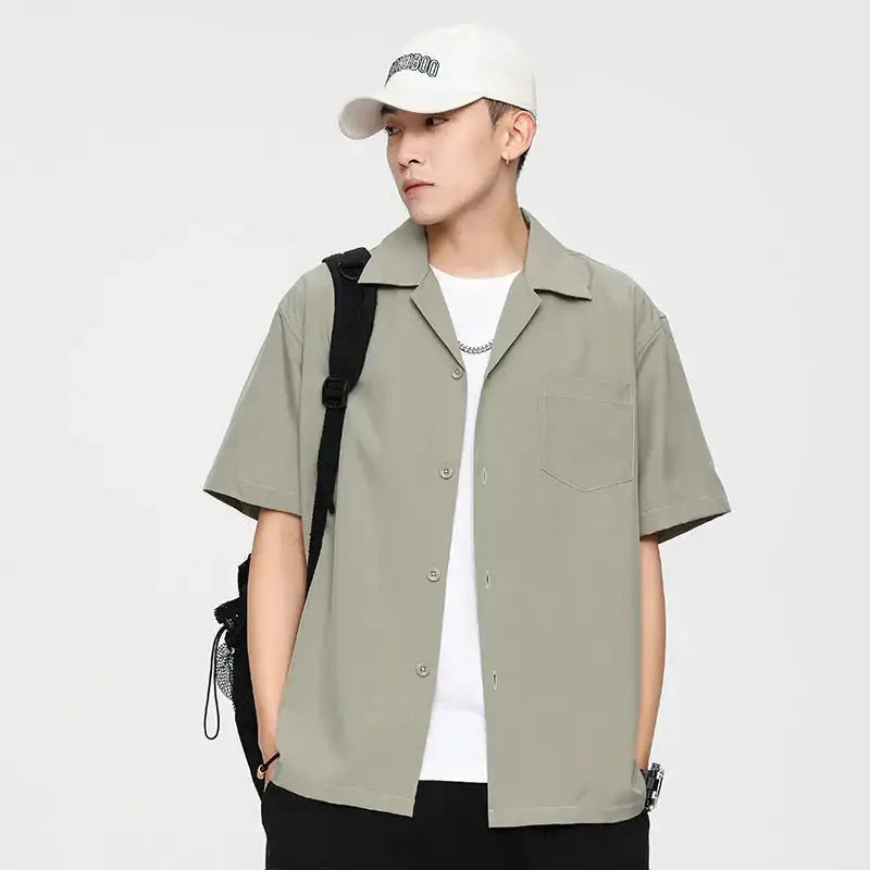 Loose solid colour casual lapel ordinary short sleeve shirt men Nexellus