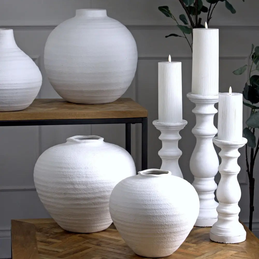 Matt white large ceramic column candle holder - Ornaments