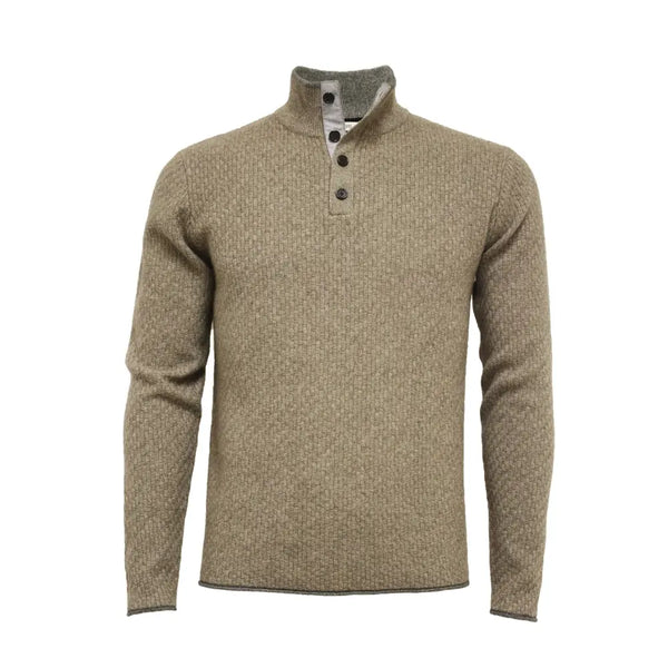 Camel Cashmere Sweater Button Neck Andromeda in Carbon Stitch - Nexellus