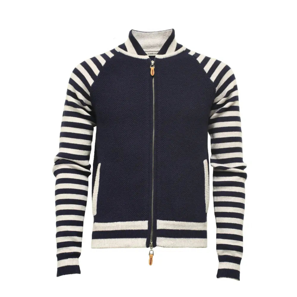 Cashmere Bomber Jacket in Seed Stitch, Striped Sleeves Bel Air - Nexellus