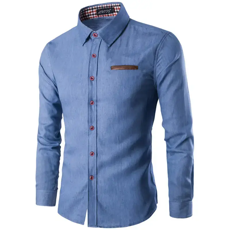 Men's casual shirt pocket patch leather long sleeve shirt denim shirt Nexellus