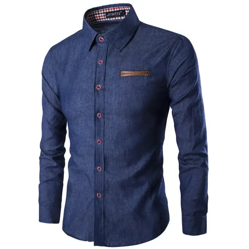 Men's casual shirt pocket patch leather long sleeve shirt denim shirt Nexellus