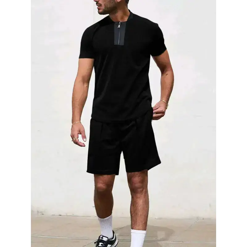 Men's contrasting colour waffle v-neck zipper t-shirt + short casual Nexellus