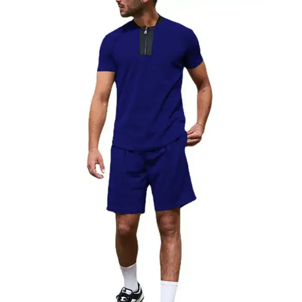 Men's contrasting colour waffle v-neck zipper t-shirt + short casual Nexellus