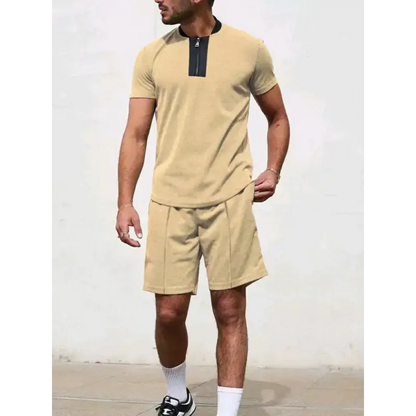 Men's contrasting colour waffle v-neck zipper t-shirt + short casual Nexellus