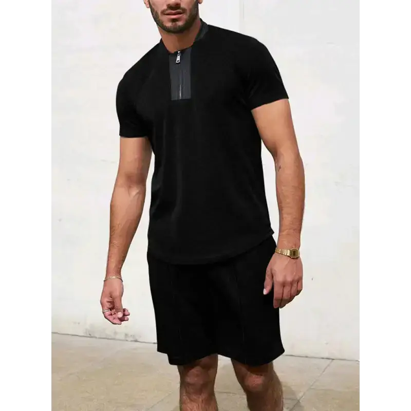 Men's contrasting colour waffle v-neck zipper t-shirt + short casual Nexellus