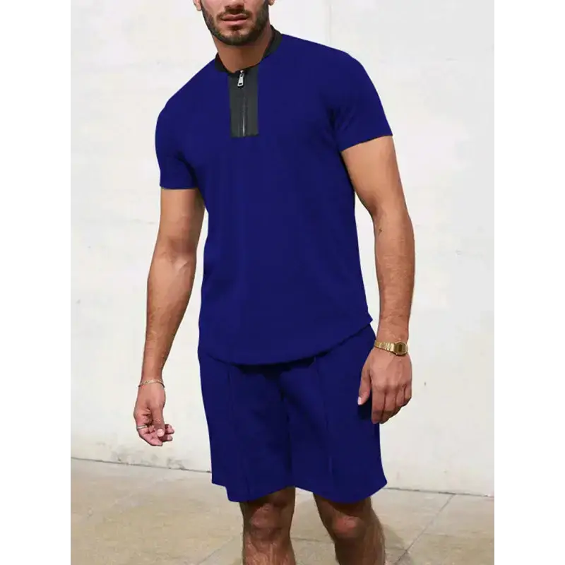 Men's contrasting colour waffle v-neck zipper t-shirt + short casual Nexellus