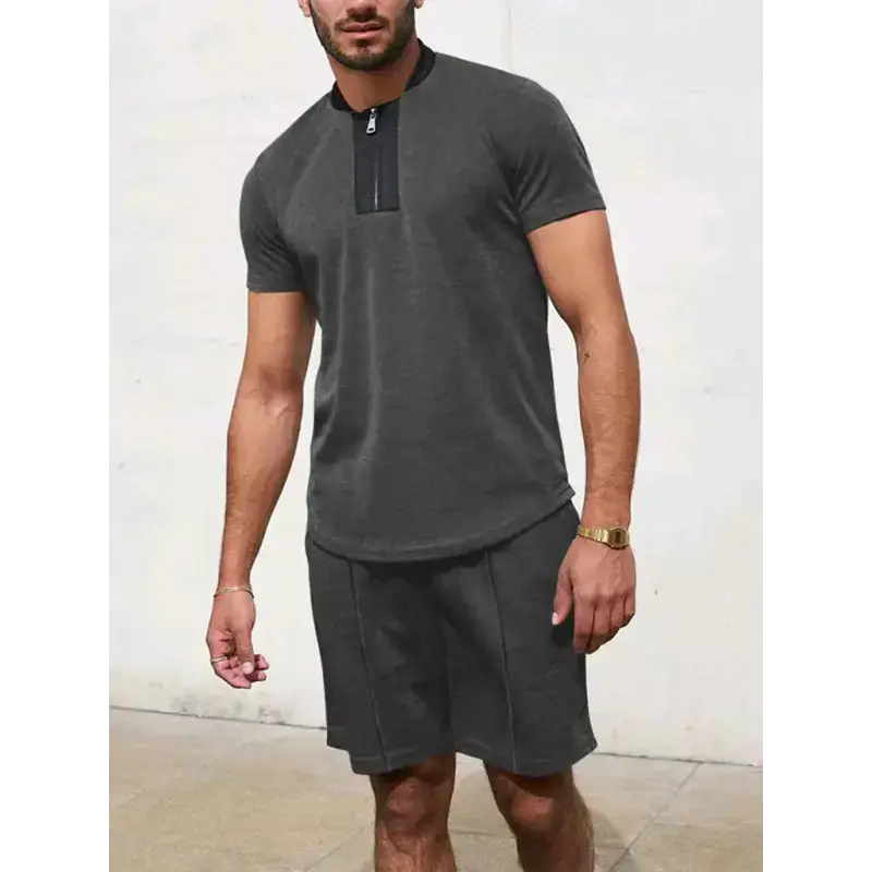 Men's contrasting colour waffle v-neck zipper t-shirt + short casual Nexellus