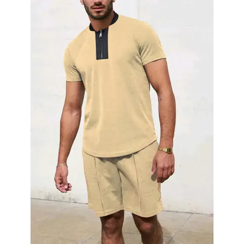 Men's contrasting colour waffle v-neck zipper t-shirt + short casual Nexellus