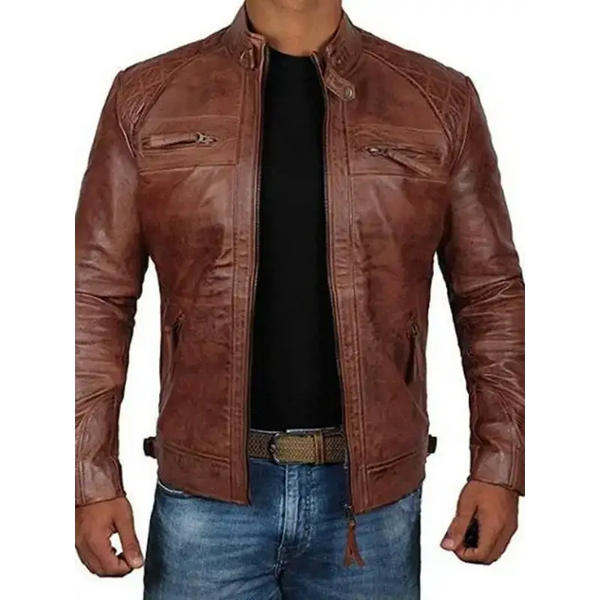 Men's leather jacket stand collar punk motorcycle leather slim fit Nexellus