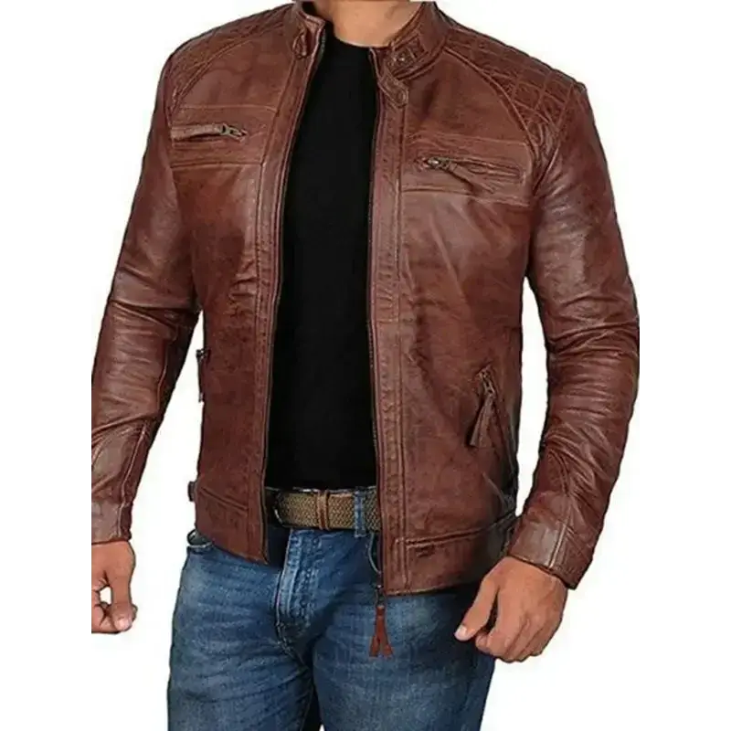 Men's leather jacket stand collar punk motorcycle leather slim fit Nexellus