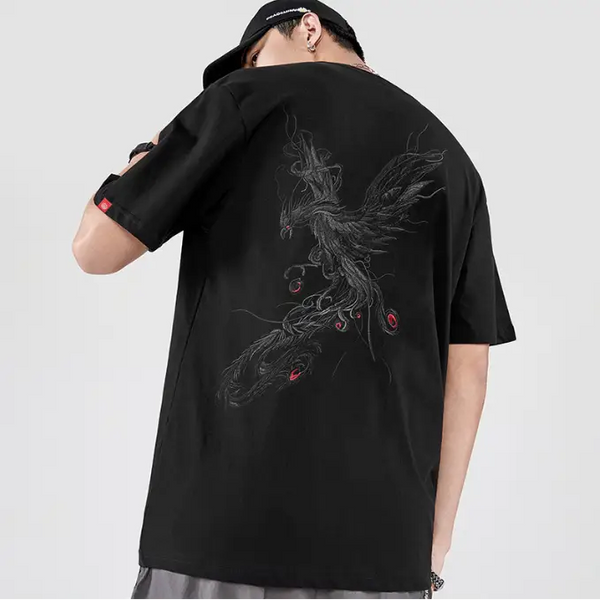 Men's Pure Cotton Loose Short-Sleeved T-Shirt with Phoenix Embroidery Nexellus