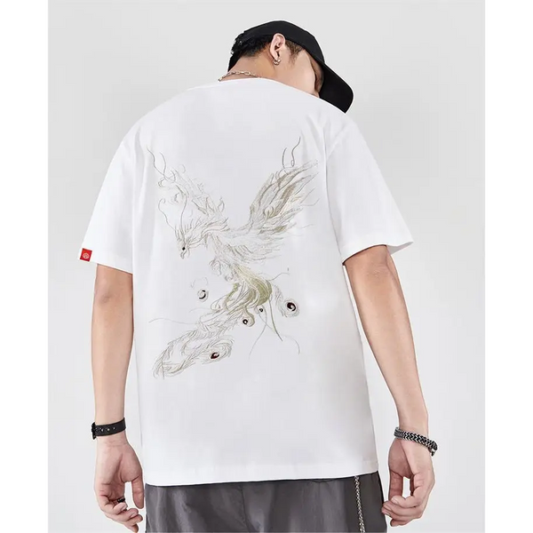 Men's Pure Cotton Loose Short-Sleeved T-Shirt with Phoenix Embroidery Nexellus