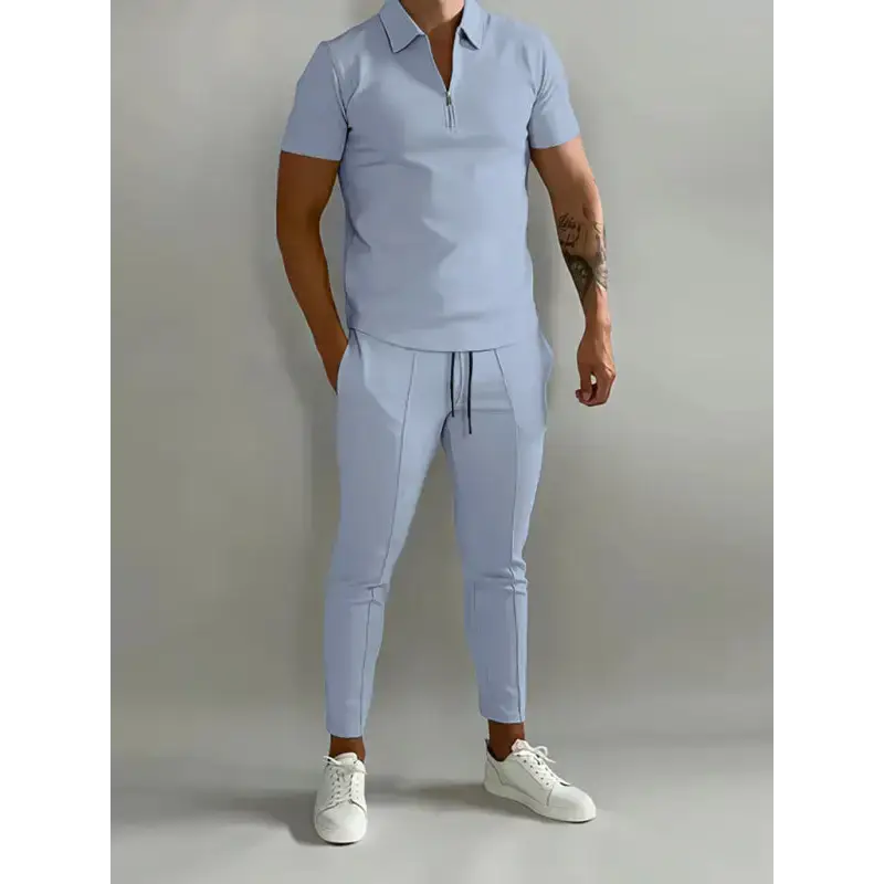 Men's solid color lapel short-sleeved polo shirt + trousers two-piece Nexellus