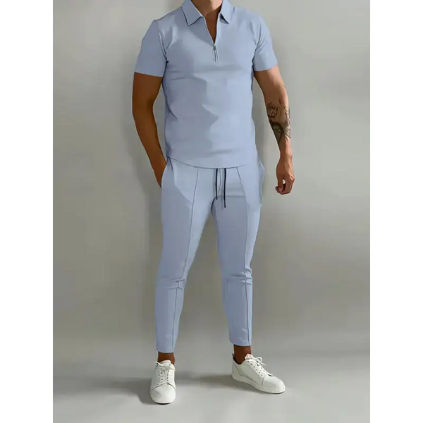 Men's solid color lapel short-sleeved polo shirt + trousers two-piece Nexellus