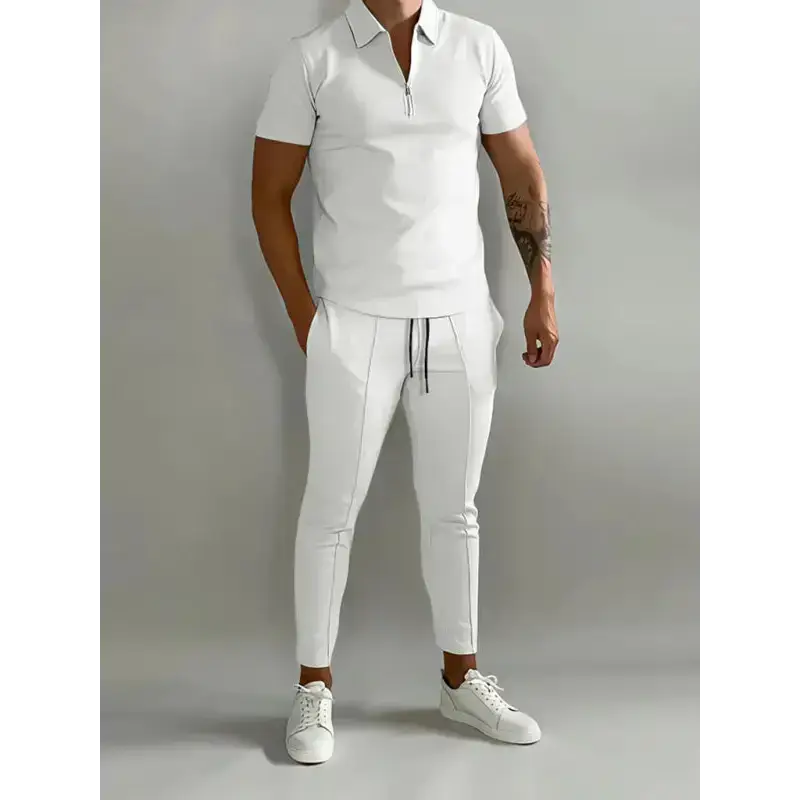 Men's solid color lapel short-sleeved polo shirt + trousers two-piece Nexellus