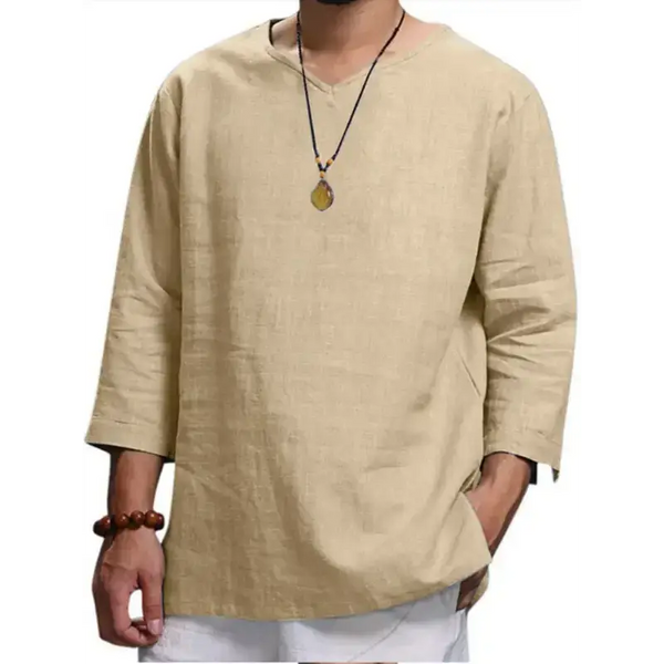 Men's solid color v neck slub linen three quarter sleeve shirt Nexellus