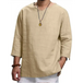 Men's solid color v neck slub linen three quarter sleeve shirt Nexellus