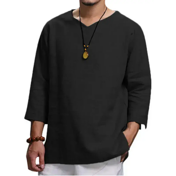 Men's solid color v neck slub linen three quarter sleeve shirt Nexellus