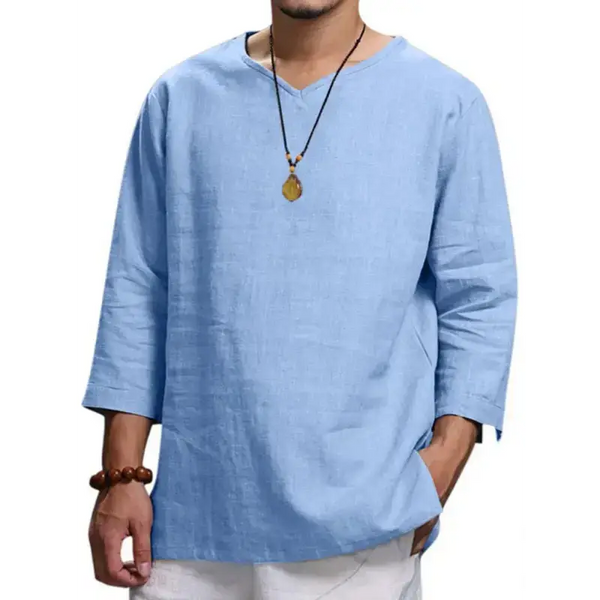 Men's solid color v neck slub linen three quarter sleeve shirt Nexellus