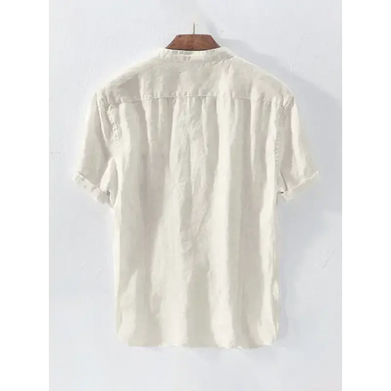 Men's solid colour cotton linen casual short sleeve shirt Nexellus