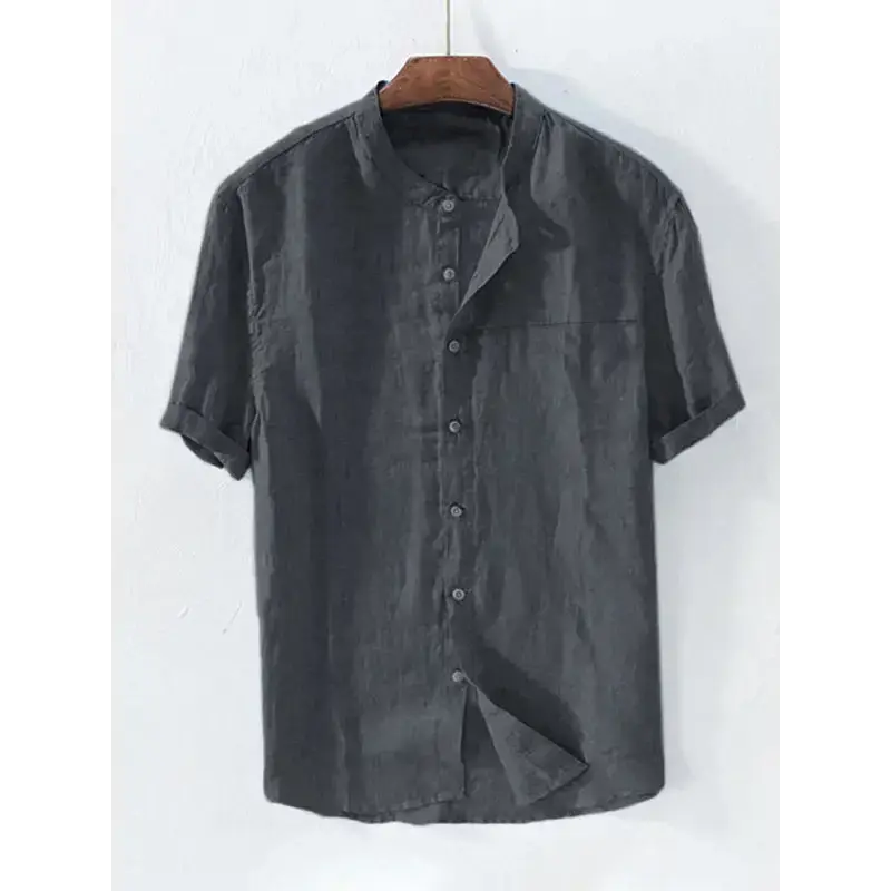 Men's solid colour cotton linen casual short sleeve shirt Nexellus