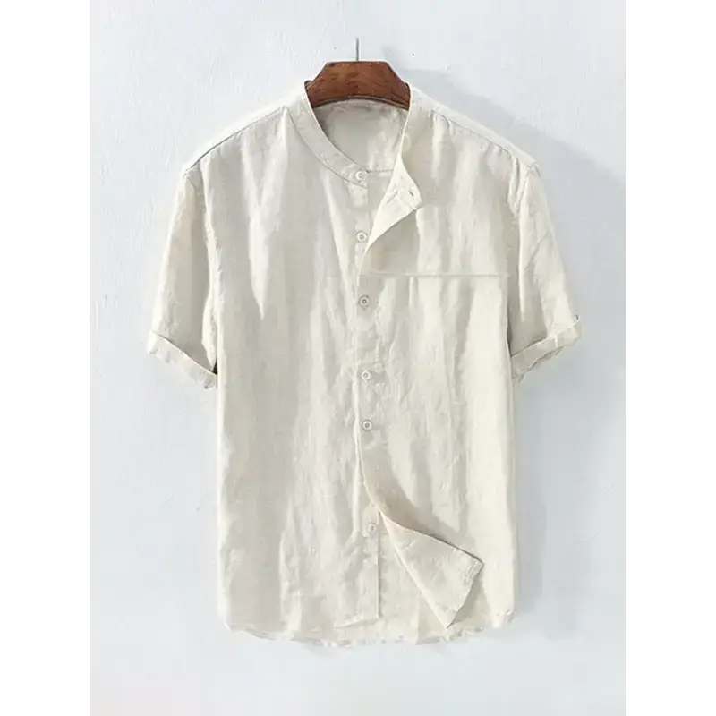 Men's solid colour cotton linen casual short sleeve shirt Nexellus