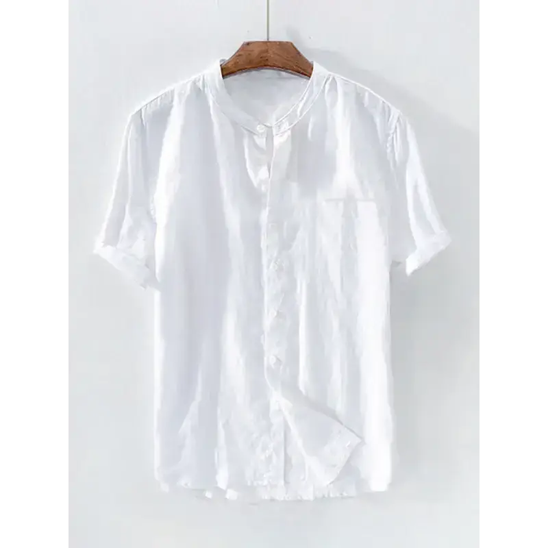 Men's solid colour cotton linen casual short sleeve shirt Nexellus