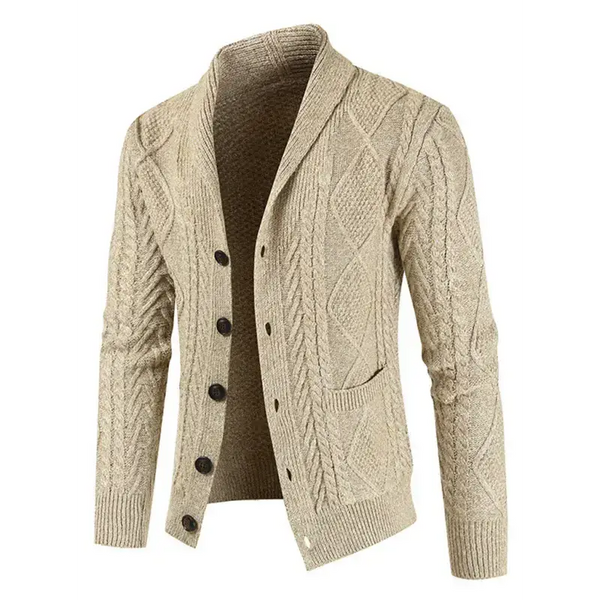 Men's solid colour shawl collar cable stitch cardigan Nexellus