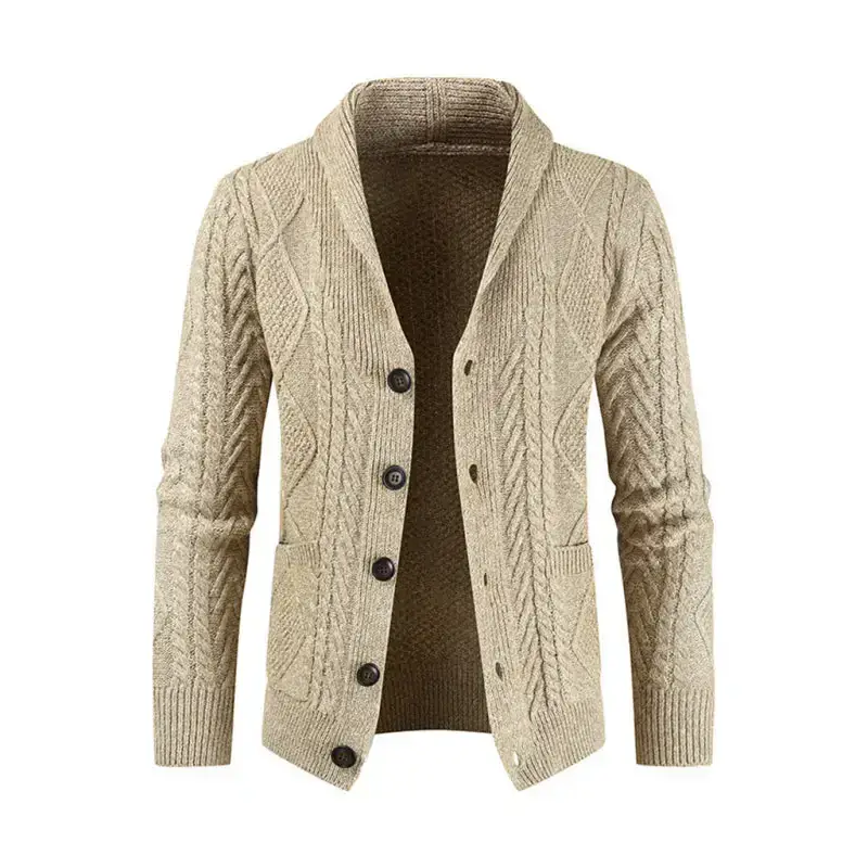 Men's solid colour shawl collar cable stitch cardigan Nexellus