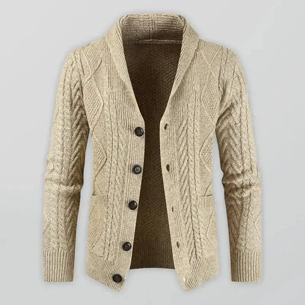 Men's solid colour shawl collar cable stitch cardigan Nexellus