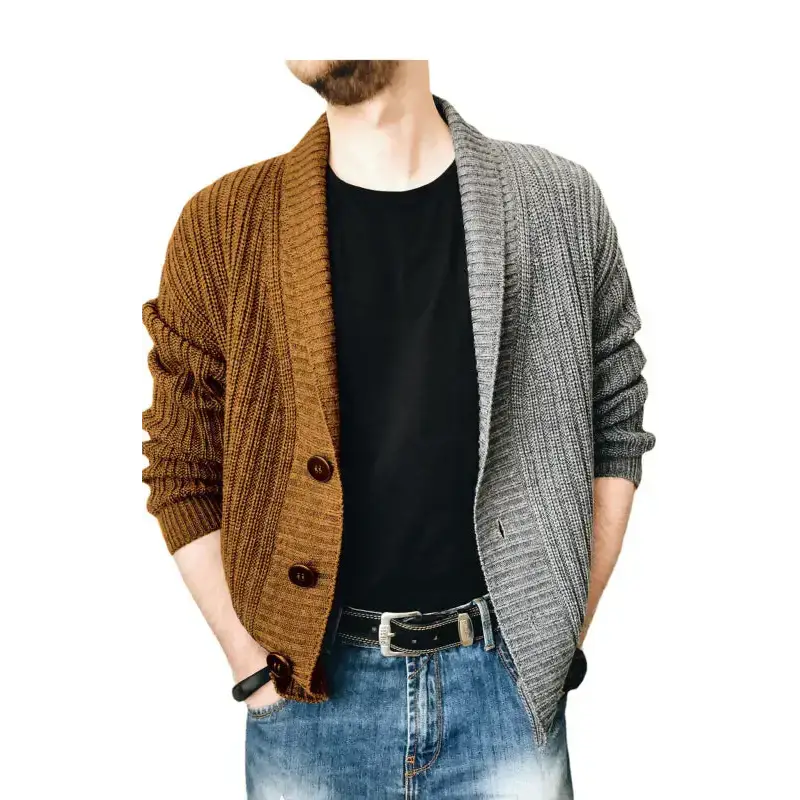 Men's two tone patchwork single breasted long sleeve sweater cardigan Nexellus