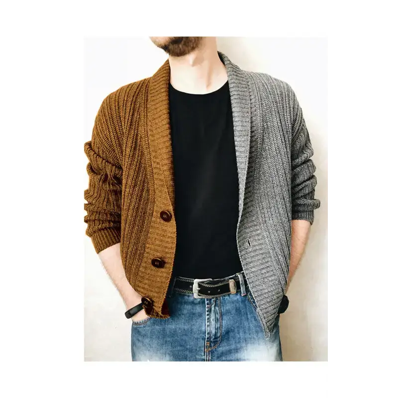 Men's two tone patchwork single breasted long sleeve sweater cardigan Nexellus