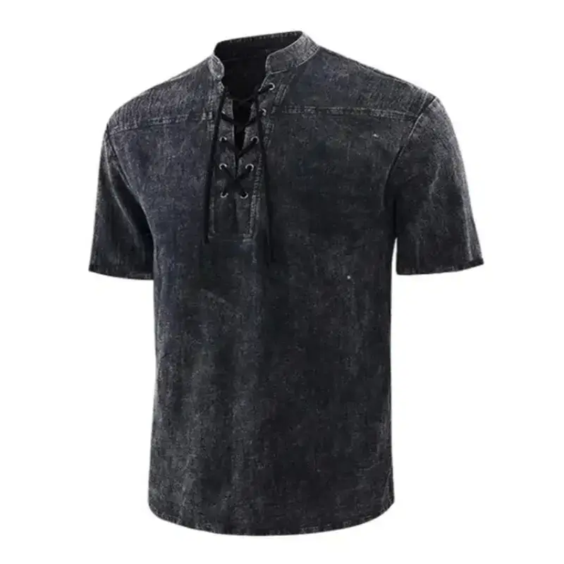 Men's woven retro lace up collar casual short sleeve shirt Nexellus