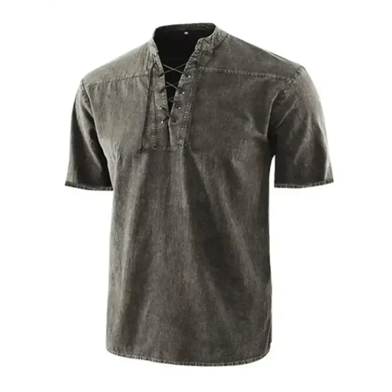 Men's woven retro lace up collar casual short sleeve shirt Nexellus