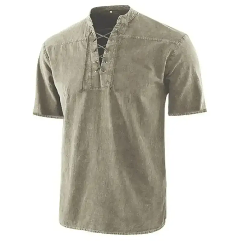 Men's woven retro lace up collar casual short sleeve shirt Nexellus