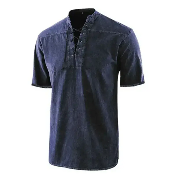 Men's woven retro lace up collar casual short sleeve shirt Nexellus