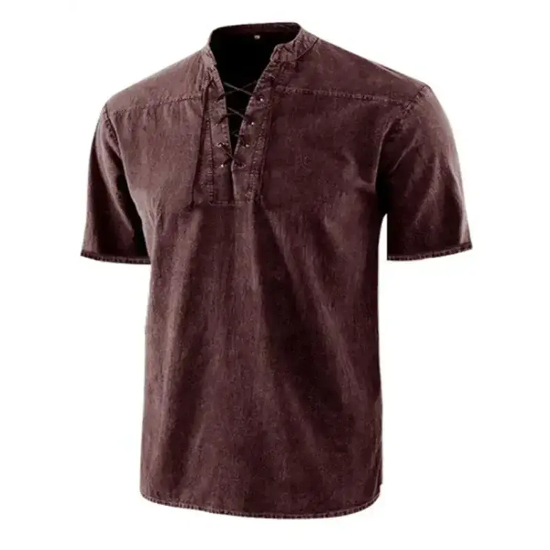 Men's woven retro lace up collar casual short sleeve shirt Nexellus