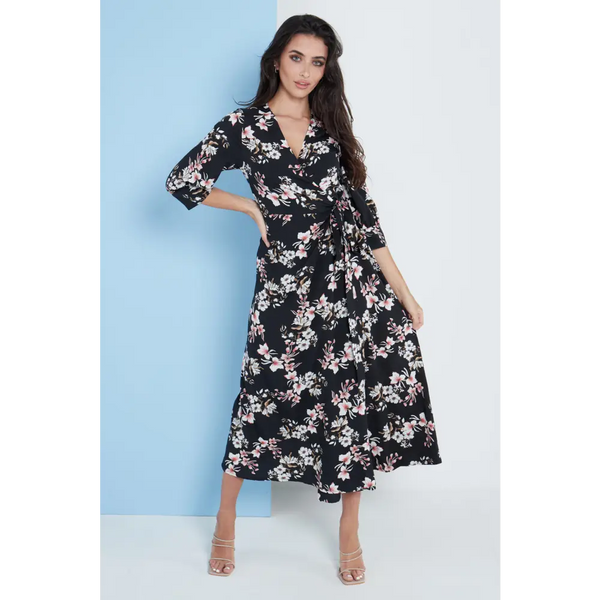 Midi wrap dress in black floral print