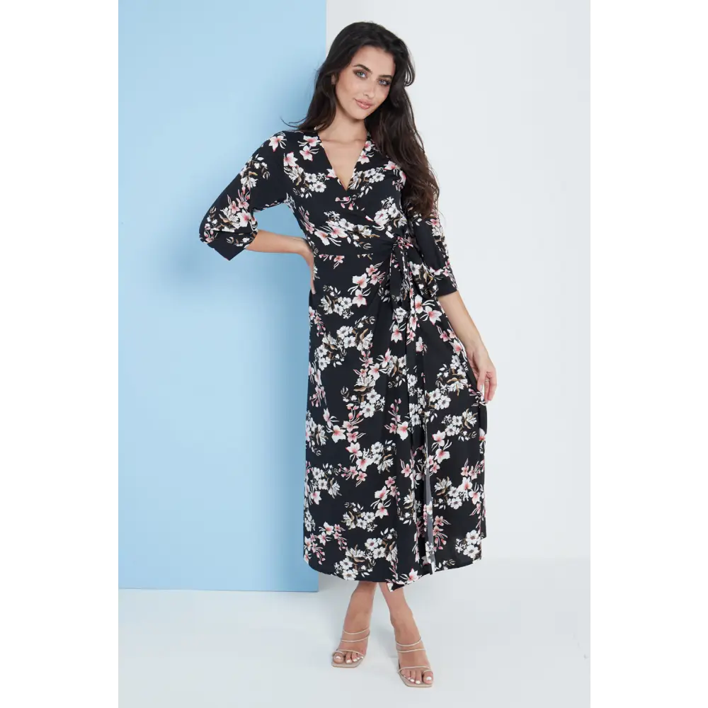 Midi wrap dress in black floral print