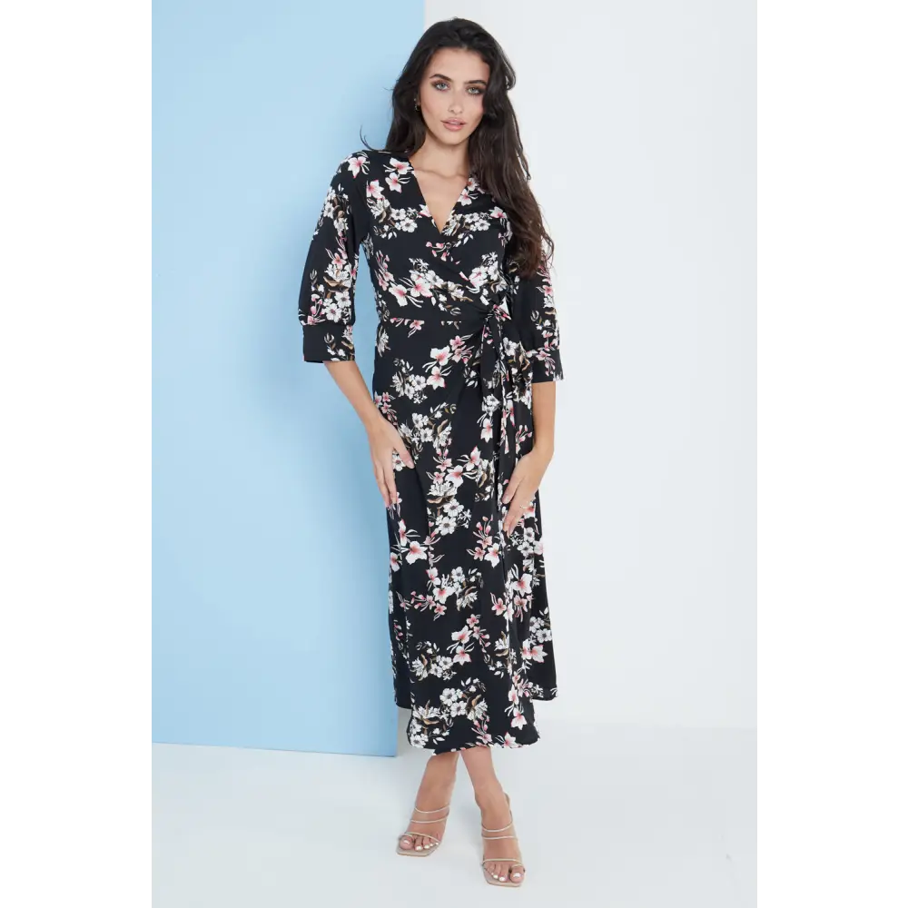 Midi wrap dress in black floral print