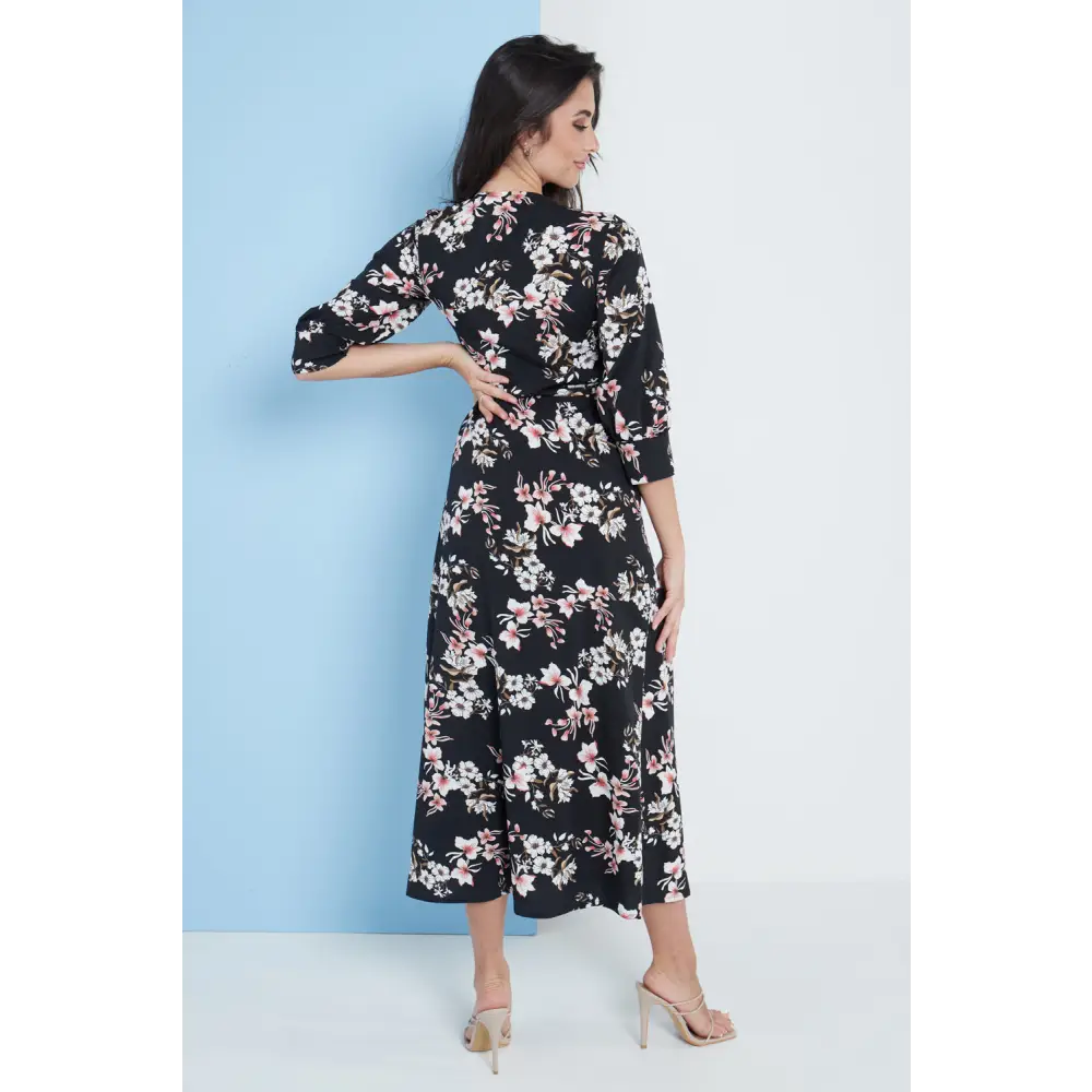 Midi wrap dress in black floral print