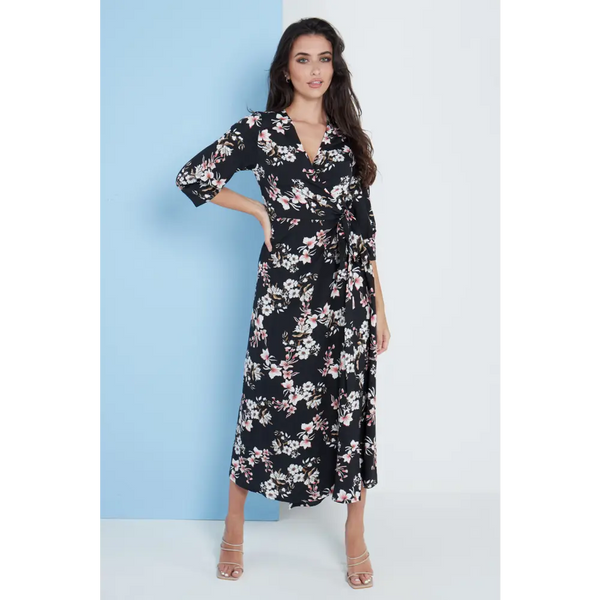 Midi wrap dress in black floral print