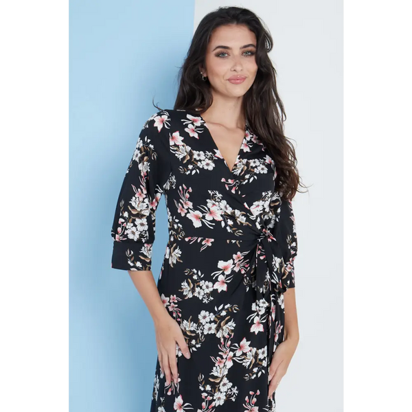 Midi wrap dress in black floral print