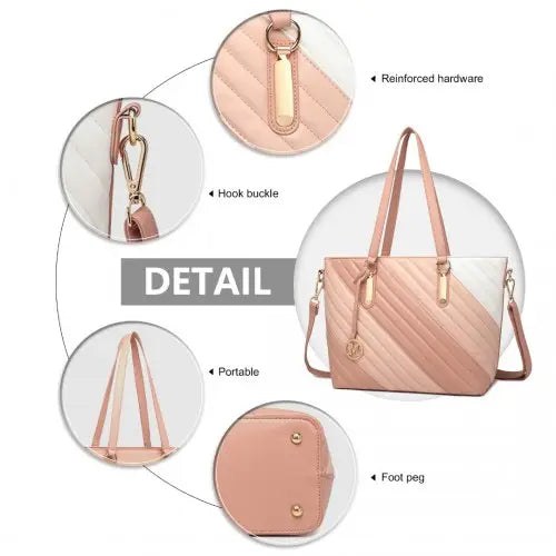 LT2225 - Miss Lulu Contrast Colour Twill Leather Handbag Tote Bag - Pink - Nexellus