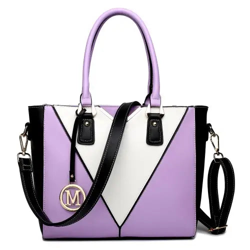 LG1641 - Miss Lulu Leather Look V-Shape Shoulder Handbag - Purple - Nexellus