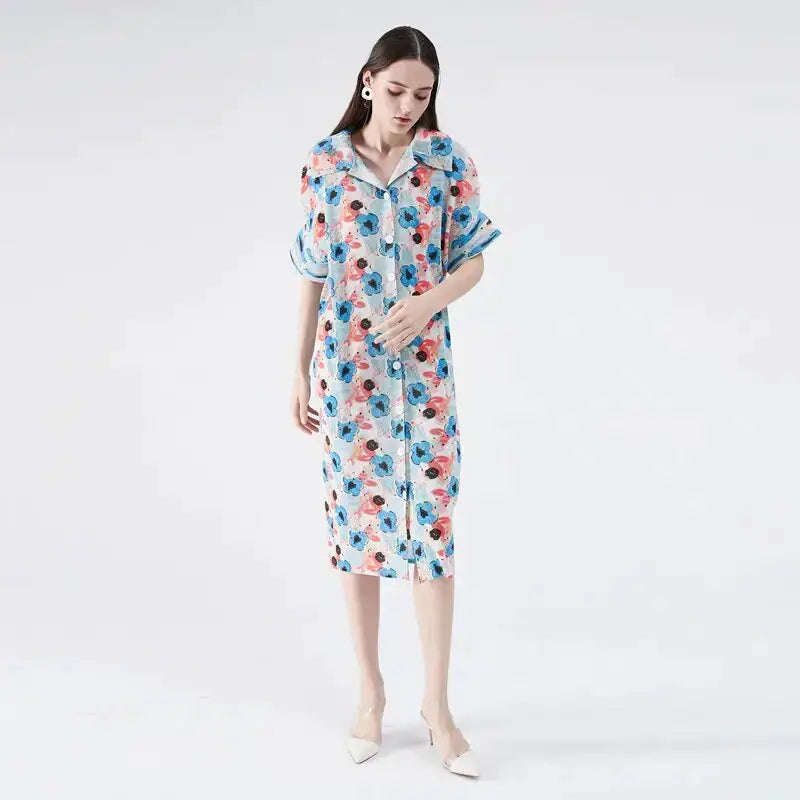 Miyake pleated flower dress spring summer cardigan women flare sleeve Nexellus