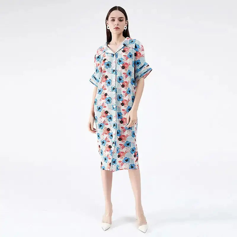 Miyake pleated flower dress spring summer cardigan women flare sleeve Nexellus